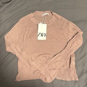 ZARA Ribbed Knit See-through Top in Brown
